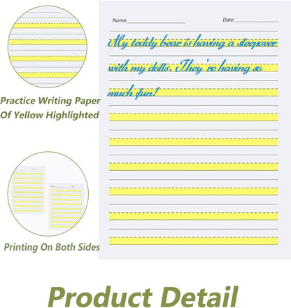 Write Beginner Paper Level 1, Writing Paper with Lines and Yellow Highlighted Practice Writing Papers for Kids Proper Letter Positioning, 100gsm Paper, 11 x 8.5'', 100 Sheets