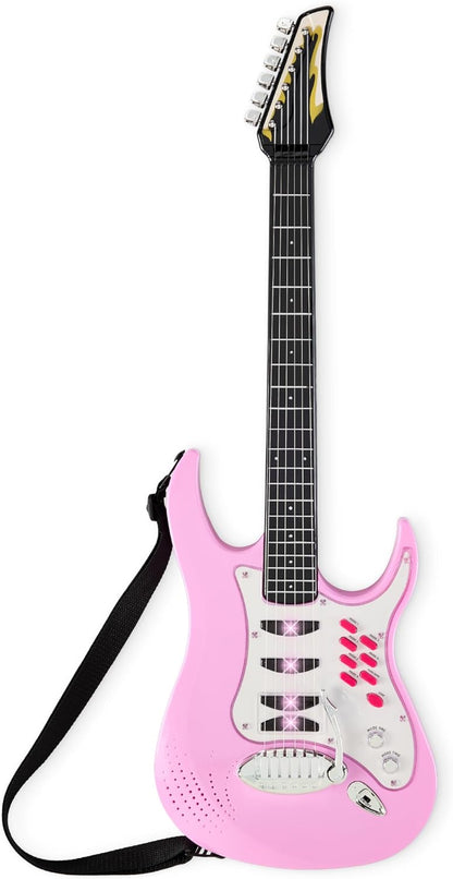 Best Choice Products Kids Electric Guitar Set with Microphone & Amp, Interactive Musical Toy for Boys & Girls, Lights & Sounds, Demo Songs, AUX Input, DIY Stickers - Blue