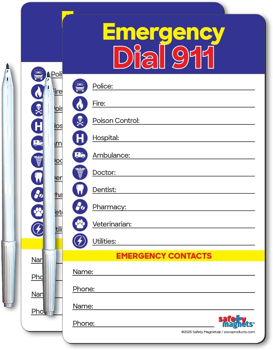 Safety Magnets by ZOCO – Emergency Numbers List with Marker – Write-On Refrigerator Magnet for Important Phone Numbers & Contacts – 5.25 x 8.5 inch