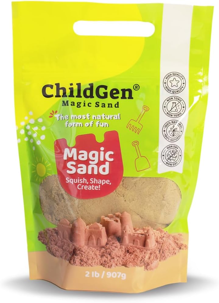 ChildGen Magic Sand, 2lbs Natural Sea Sand in Resealable Bag, Non-Toxic Play Sand for Kids, Soft, Moldable, Mess-Free Sensory Play (Green)