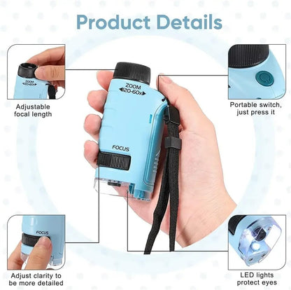 Pocket Microscope, 60x -120x, Portable Microscope for Kids with LED Lights, Handheld Microscope for Kids Student Adults Microbiological Observation Lab Study, Educational Kit