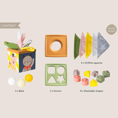Taf Toys Baby Tissue Box Toy Silicone Baby Toys 6-12 Months Montessori Toys Sensory Activity & 10 Tissues for Fine Motor Development Soft Interactive Silicone Learning Cube for 1 Year Old Toddlers