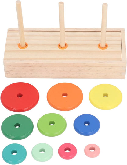 Asixxsix Tower of Puzzle, 10 Levels Wooden Stacking Rings Game, Sustainable Pine Wood Puzzle Tower with 10 Rings 3 Sticks for Children Early Education Family Entertainment