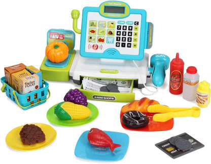 FS Pretend Play Cash Register Toy with True Barcode Scanner & Calculator, Microphone, Play Food, Supermarket Cashier, Great Pre-School Gift Cash Register for Kids Boys & Girls, Ages 3 4 5 6 8