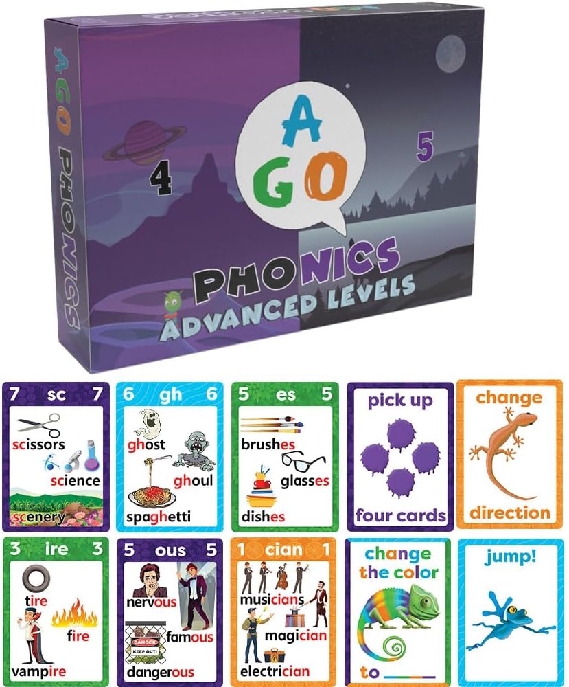 AGO Phonics Card Game - Advanced Set (Levels 4 and 5) A Fun Game to Build Phonics and Reading Skills. Learn Tricky phonemes (digraphs/dipthongs/Word Families/Silent Letters & More!)
