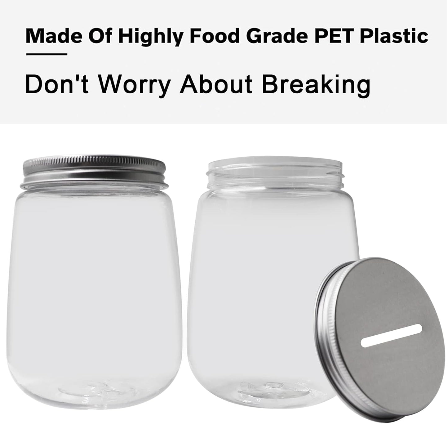 Small Clear Plastic Coin Bank Jars 4-Pack, 16oz with Silver Slotted Lids, Transparent Coin Money Piggy Banks for Adults Teens Kids