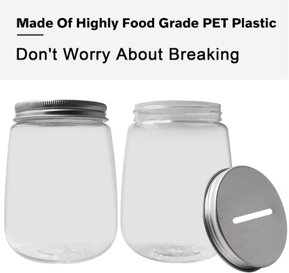 Small Clear Plastic Coin Bank Jars 4-Pack, 16oz with Silver Slotted Lids, Transparent Coin Money Piggy Banks for Adults Teens Kids