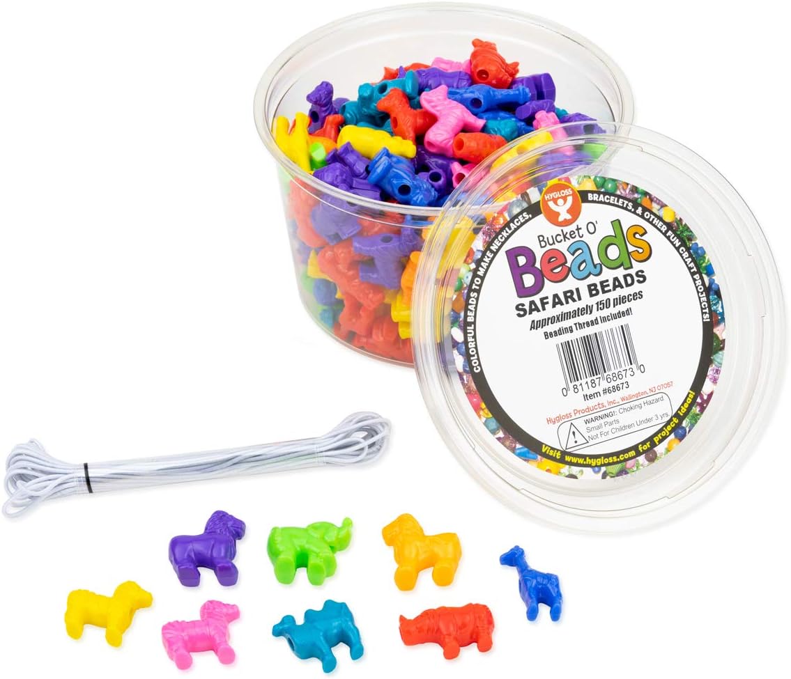 Hygloss Animal Shaped Beads 50 Pcs Plastic Zoo Safari Animal Pony Bead Charms - Colorful Craft Beads - for Kids DIY Craft Jewelry Making Necklace Bracelet Supplies, Resealable Container