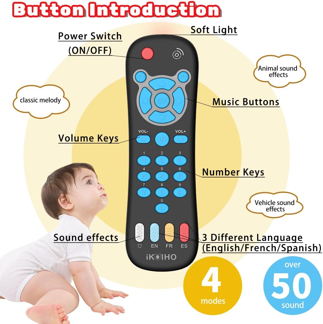 Baby Remote Control Toy, Realistic Toddler TV Remote Toy with Light Sound Kid Learning Education Musical Toys with English French Spanish Infant Gift for Boys Girls 6M+ (Black)