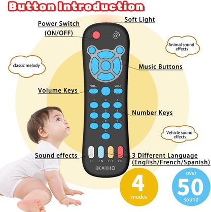 Baby Remote Control Toy, Realistic Toddler TV Remote Toy with Light Sound Kid Learning Education Musical Toys with English French Spanish Infant Gift for Boys Girls 6M+ (Black)