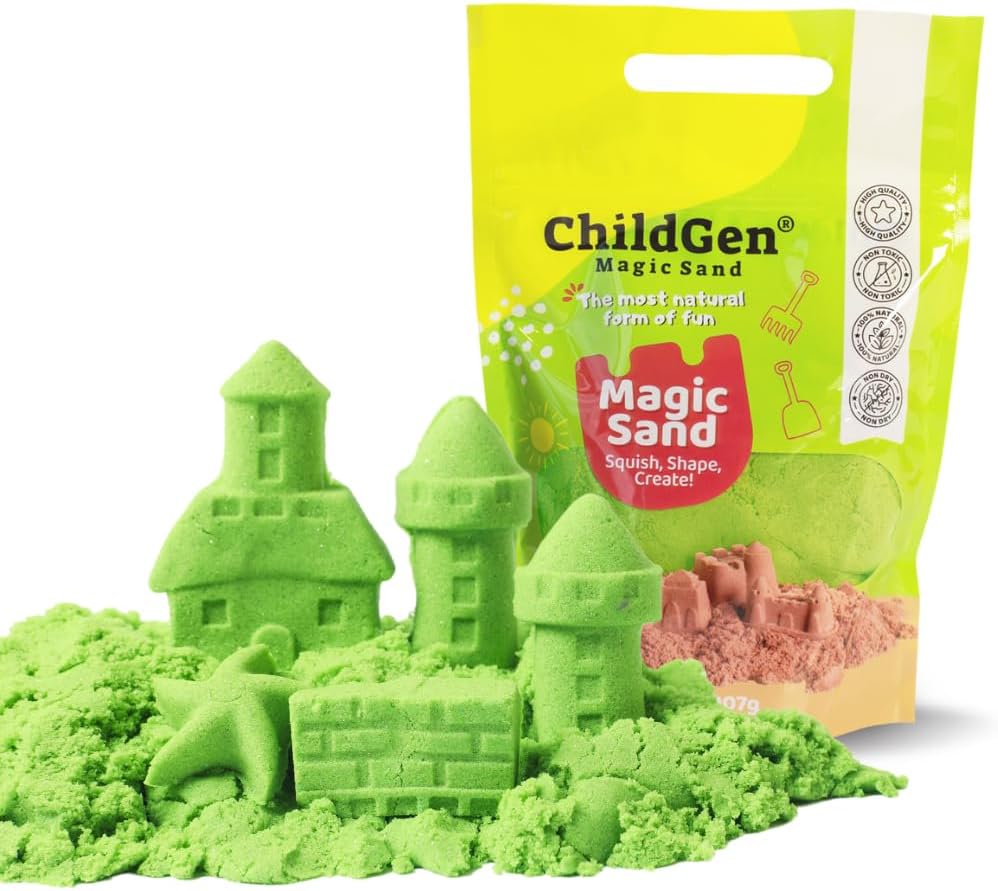ChildGen Magic Sand, 2lbs Natural Sea Sand in Resealable Bag, Non-Toxic Play Sand for Kids, Soft, Moldable, Mess-Free Sensory Play (Green)