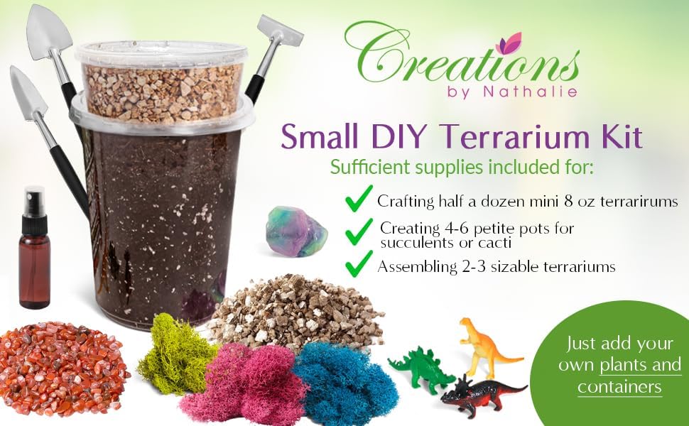 Creations by Nathalie – DIY Large Terrarium Starter Kit with Soil, Moss, Pebbles, Healing Crystal, Tools & Supplies – Terrarium Kit for Adults & Teens, Handcrafted in USA