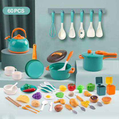 60Pcs Kids Mini Play Kitchen Accessories, Pretend Cooking Play Set with Cookware, Tableware & Fruit & BBQ Sets, Learning Gift for Boys, Girls, Toddlers,Yellow