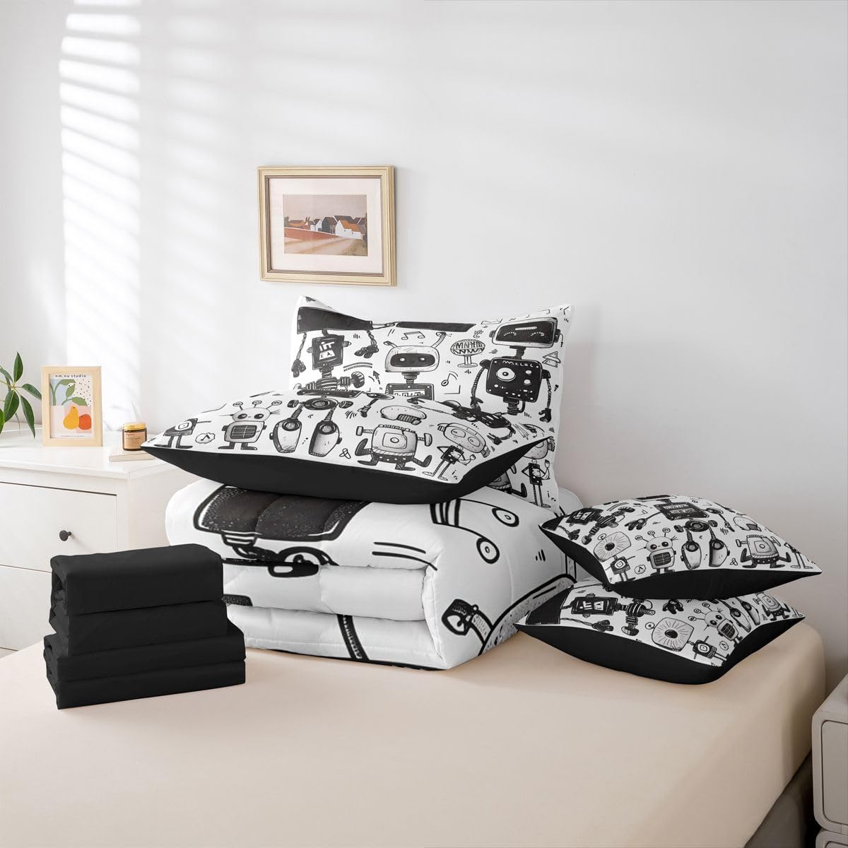 Erosebridal Chemistry Comforter Set with Sheets Full Size Periodic Table of Elements Bed in A Bag 7 Piece Science Chemistry Lovers Bedding Set for Kids Boys Children Bedroom Modern Black Bed Sets