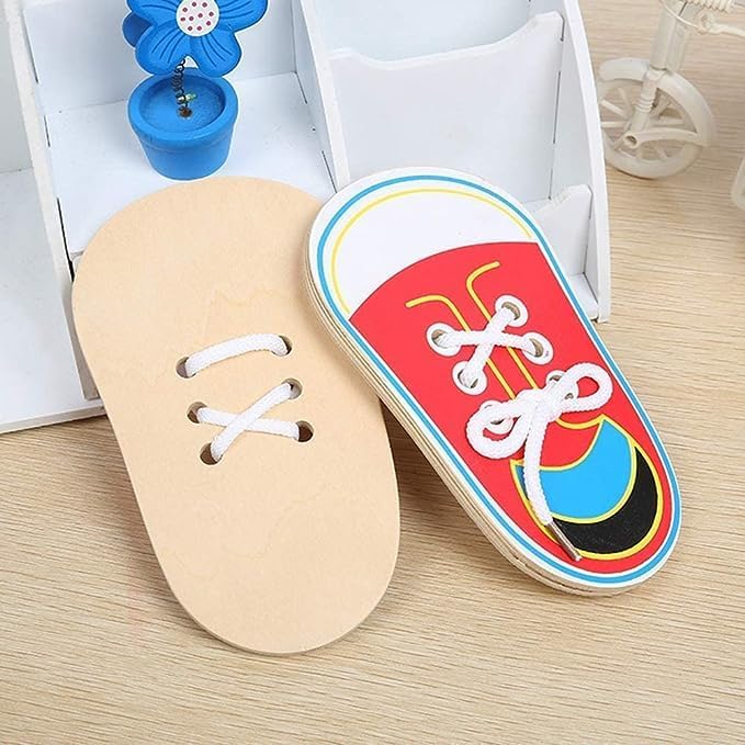 BWESOO 2 PCS Red Shoes Learning Toy Kits Learn to Tie Your Own for Kids Practical Learning Toys for Young Children Training Board Kids Toddler Early Wooden Threading Lacing Shoes Craft Kits