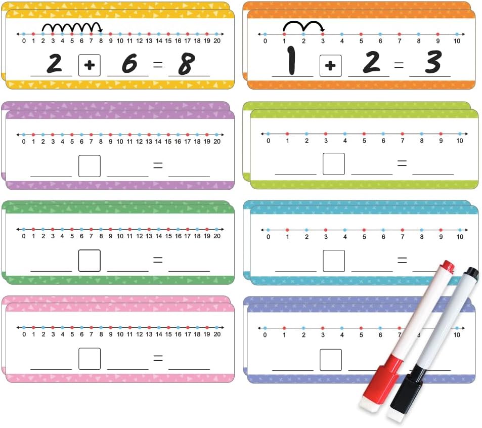 Lachilly Addition & Subtraction Number Line Dry Erase Cards Math Manipulatives Board for Kids Students Classroom Home Write and Wipe 3.46" x 10.5", 8Pcs for 0-10, 8Pcs for 0-20