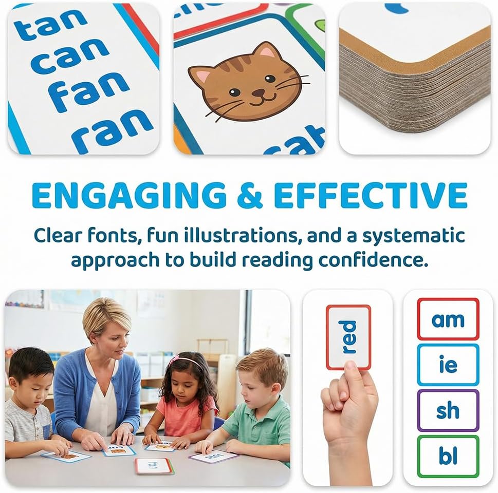 Phonics Flash Cards for Kids Ages 4-8 - 117 Sound Groups & 900+ Rhyming Words, Preschool Kindergarten 1st 2nd Grade Learning Sight Words, Educational Phonics Cards for Toddlers & Kids (White)