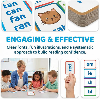 Phonics Flash Cards for Kids Ages 4-8 - 117 Sound Groups & 900+ Rhyming Words, Preschool Kindergarten 1st 2nd Grade Learning Sight Words, Educational Phonics Cards for Toddlers & Kids (White)