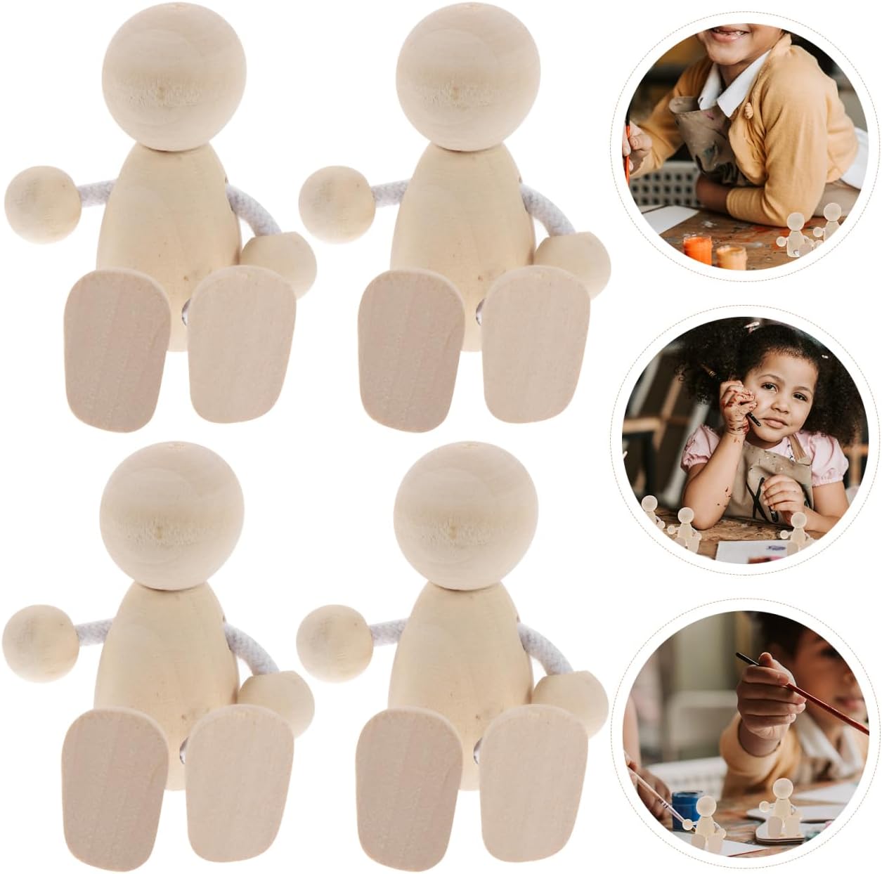 Tofficu 4pcs Unfinished Wooden Peg Dolls for Painting DIY Craft Peg People Figures for Teens Mini Natural Wood Figurines for Arts and Crafts Projects