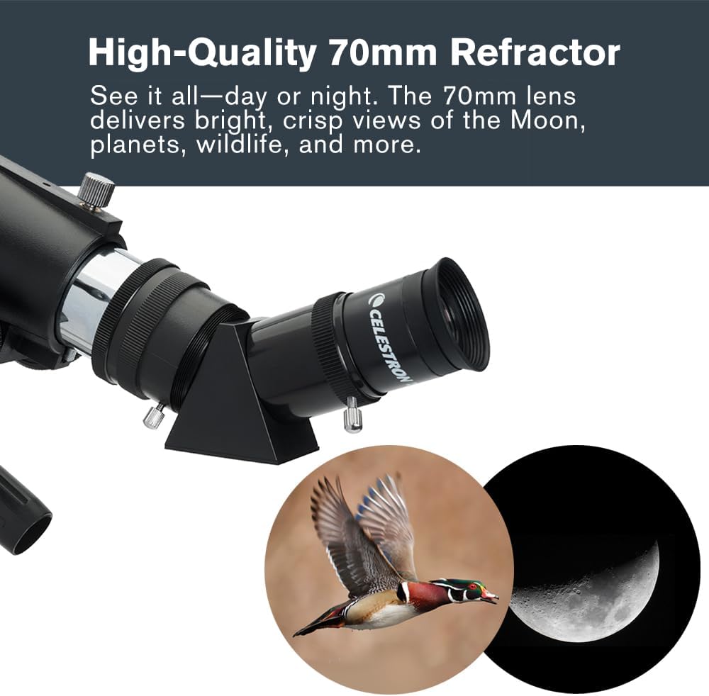 Celestron Travel Scope 70 Portable Refractor Telescope – 70mm Aperture, Fully-Coated Glass Optics – Includes Tripod, Backpack & Software – Ideal for Beginners & Travel