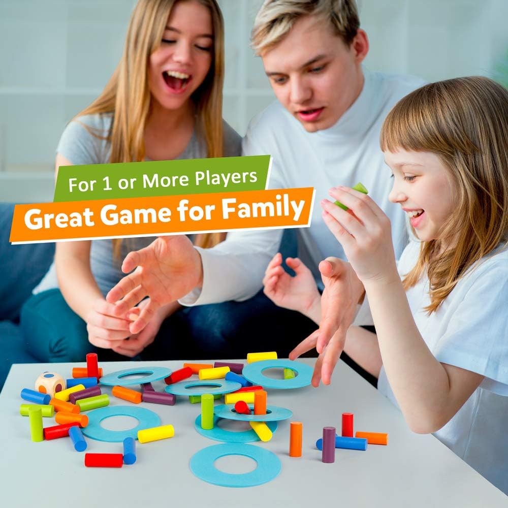 Coogam Wooden Tower Stacking Game, Fine Motor Skill Montessori Building Blocks with Dice Toppling Leaning Tower Toy Party Family Games for Kids and Adults