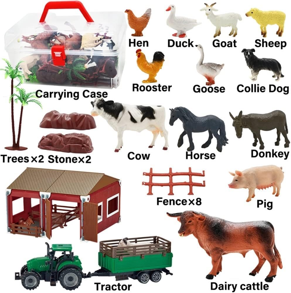 Mini Toy Barn Farm Toys Playset, 66PCS Plastic Farm Animals Figurines and Fence Farm Playset, Farm Figures Farmer Vehicle Toy Truck with Trailer for 3-12 Years Old, Christmas Birthday Gifts for Kids