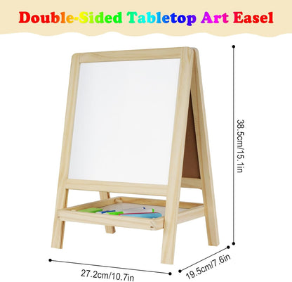 Kids Tabletop Double-Sided Wooden Art Easel - Chalkboard & Whiteboard Painting Board for Toddlers, Dry-Erase Classroom Desk Easel with Chalk, Markers, Eraser, Magnetic Letters/Numbers & Flashcards