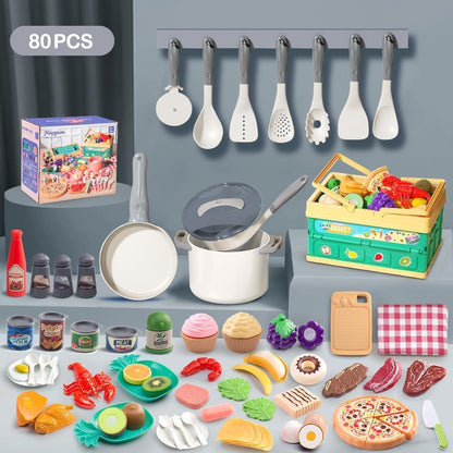 130Pcs Kitchen Playset, Toddler Pretend Cooking Play Pots, Pans, Utensils Cookware, Daily Food Fruit Veges, Shopping Storage Basket, Dessert, Prop Money, Learning Gift for Child (Pink)