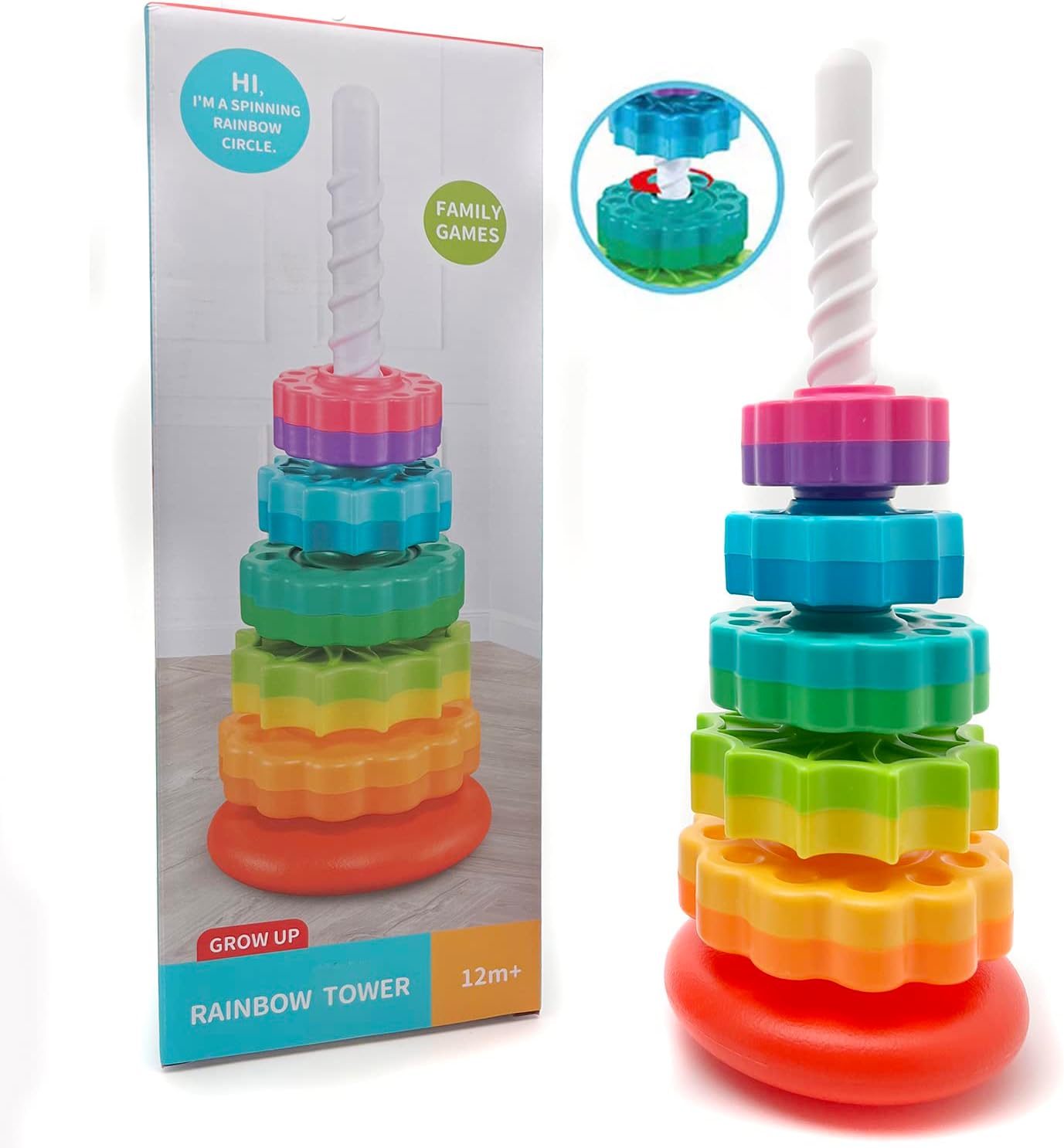 LUCKFUTURE Educational Spinning Stacking Toys, Rainbow Stacking Rings Baby Toy, Montessori Sensory Learning Toy for Girls and Boys Toddlers Toys for 1-3 Year Old