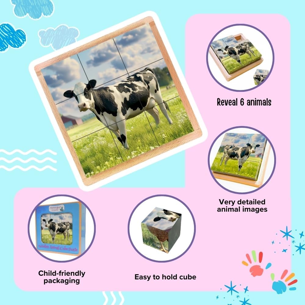 6-in-1 Wooden Animal Puzzle – Montessori Cube Toy for Kids – Realistic Farm Animals Educational Wood Blocks for Toddlers Ages 3–6
