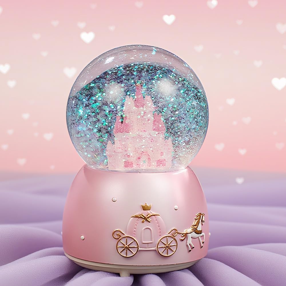 Snow Globes, Girls Castle Music Snowglobes with LED Lights, Automatic Snowfall Effect, Birthday Christmas for 5-16 Year Old Girls, Kids Room Decor (Pink)