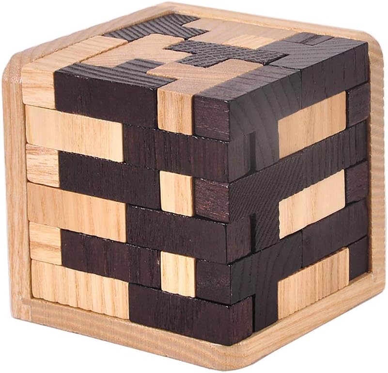 KINGOU Wooden Brain Puzzle Cube 3D Brain Teaser Puzzles 54 Pieces T-Shaped Blocks Builder Creative Educational Toy for Kids and Adults Desk Puzzles for Gift