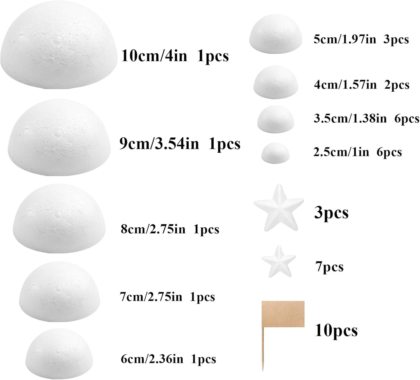 Crafjie Solar System Half Foam Ball Kit Includes 22PCS Mixed Sized White Polystyrene Half Spheres Balls, 10PCS Foam Star, 10PCS Toothpick Flag for DIY Projects and School Science Projects