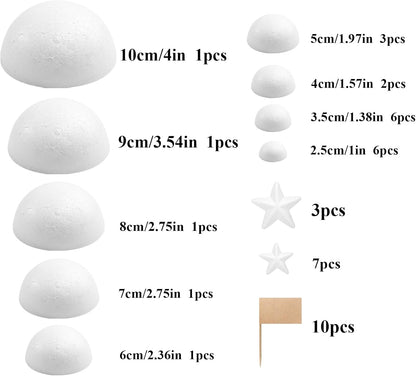 Crafjie Solar System Half Foam Ball Kit Includes 22PCS Mixed Sized White Polystyrene Half Spheres Balls, 10PCS Foam Star, 10PCS Toothpick Flag for DIY Projects and School Science Projects