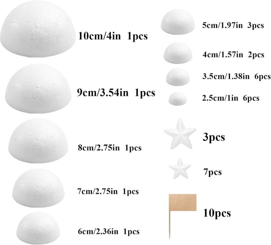 Crafjie Solar System Half Foam Ball Kit Includes 22PCS Mixed Sized White Polystyrene Half Spheres Balls, 10PCS Foam Star, 10PCS Toothpick Flag for DIY Projects and School Science Projects