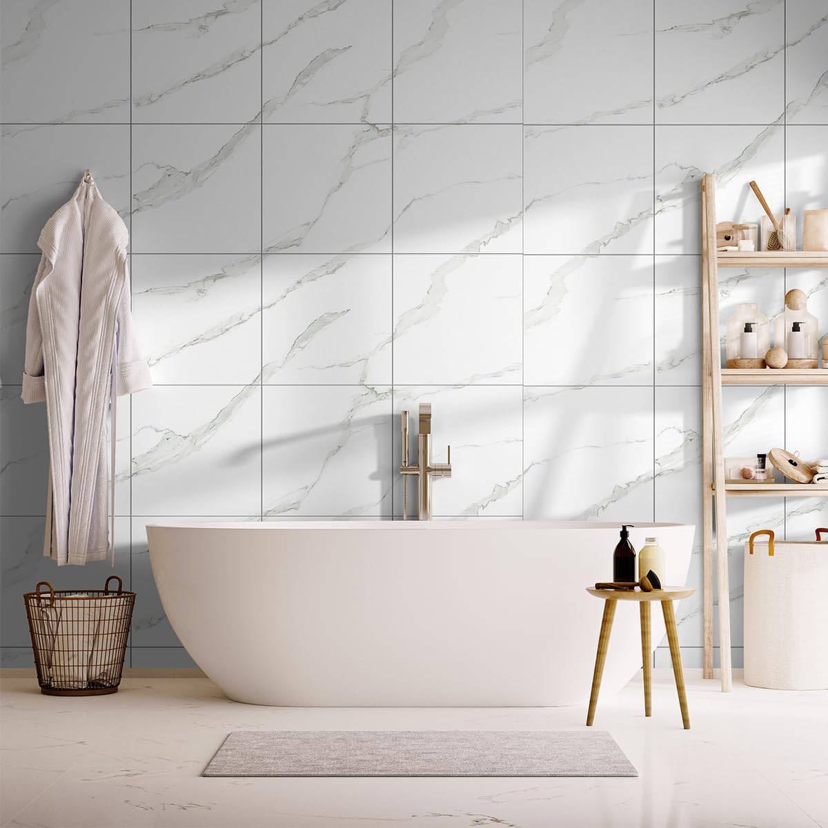 20-Pack Peel and Stick Gilded White Marble Tiles (11.8" x 11.8") – 19.4 Sq. Ft. Waterproof PVC Shower & Backsplash Tiles for Bathroom, Kitchen, and Living Room – Self-Adhesive, Easy Installation