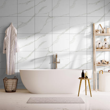 20-Pack Peel and Stick Gilded White Marble Tiles (11.8" x 11.8") – 19.4 Sq. Ft. Waterproof PVC Shower & Backsplash Tiles for Bathroom, Kitchen, and Living Room – Self-Adhesive, Easy Installation