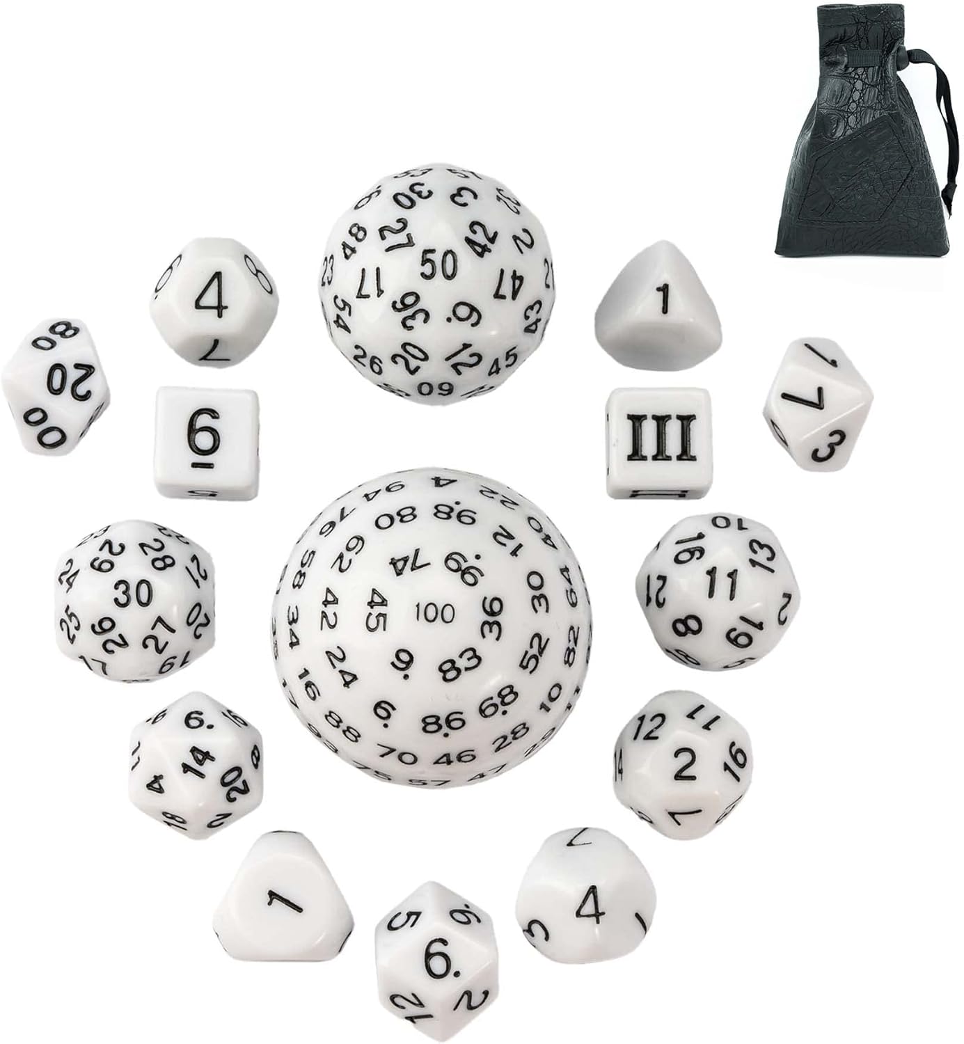 15 Pieces Complete Polyhedral DND Dice Set D3-D100 Spherical D&D Dice Set with Dragon Eye Dice Bag, D100 Dice for RPG Table Games(Black w/Purple Numbers)