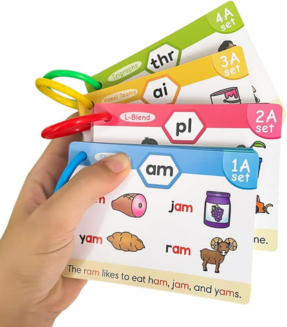 Lachilly Phonics Flash Cards Set, 20 Phonic Stages Cards, Learn to Read in CVC Blends Long Vowels DigraphsSounds for Kids 4-8, Kindergarten Primary School Learning Aids