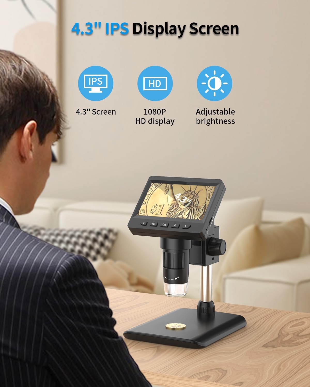 Coin Microscope, 4.3 Inch Digital Microscope 1000X Coin Microscope for Error Coins with 8 Adjustable LED Lights, PC View Compatible with Windows & MacOS