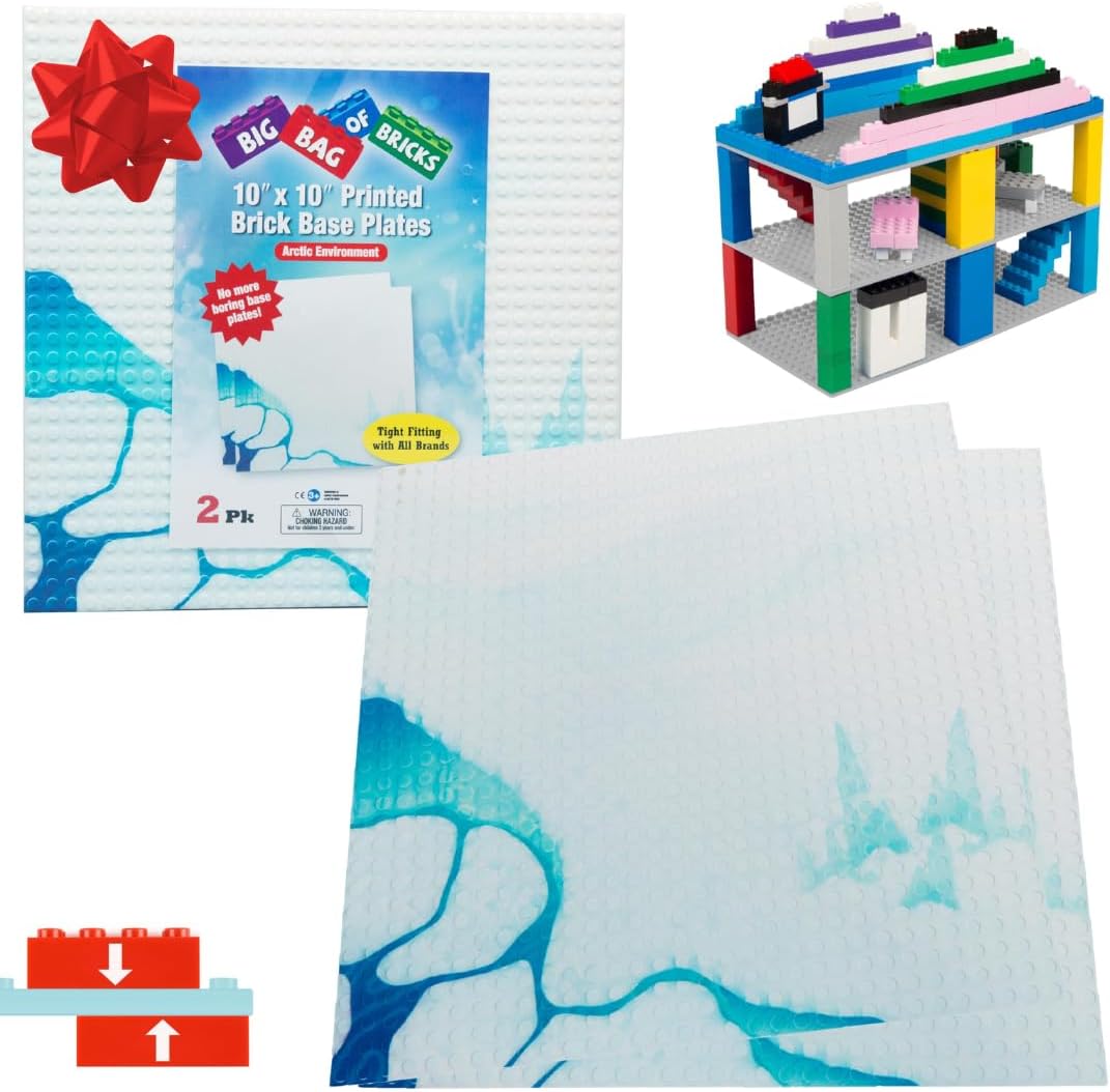 Arctic Terrain Baseplates for Building Bricks - Set of 2 Large 10"x10" Building Plates - Dual Connectivity, Build on Both Sides - Compatible, Tight Fit w Major Brands - STEM Toy & Kids Bday Gift
