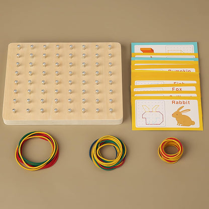 Kids Wooden Geoboard Montessori Toy - Graphical Math Learning Tool for 3-5 Year Old Toddlers, Includes Pattern Cards and Rubber Bands to Build Shapes and Figures, Preschool Educational Toys