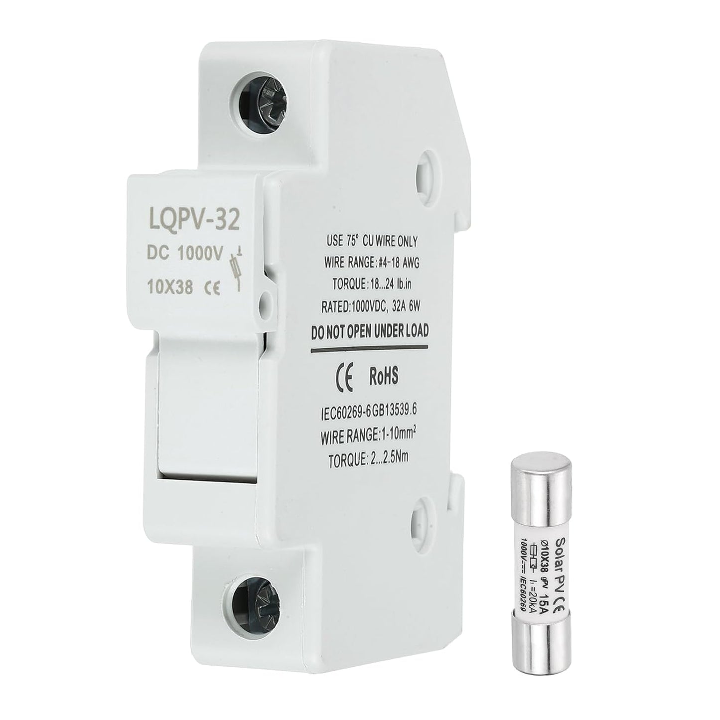 MECCANIXITY Din Rail Fuse Holder with 1 Core Block,10x38mm DC 1000V 20A Single Pole Solar/Photovoltaic Fuse Holder 4-18AWG for Solar PV Systems Battery Protect,Pack of 2