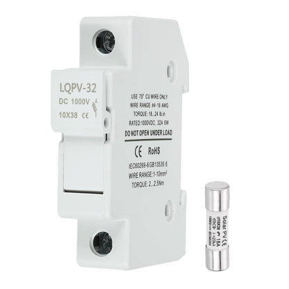 MECCANIXITY Din Rail Fuse Holder with 1 Core Block,10x38mm DC 1000V 20A Single Pole Solar/Photovoltaic Fuse Holder 4-18AWG for Solar PV Systems Battery Protect,Pack of 2