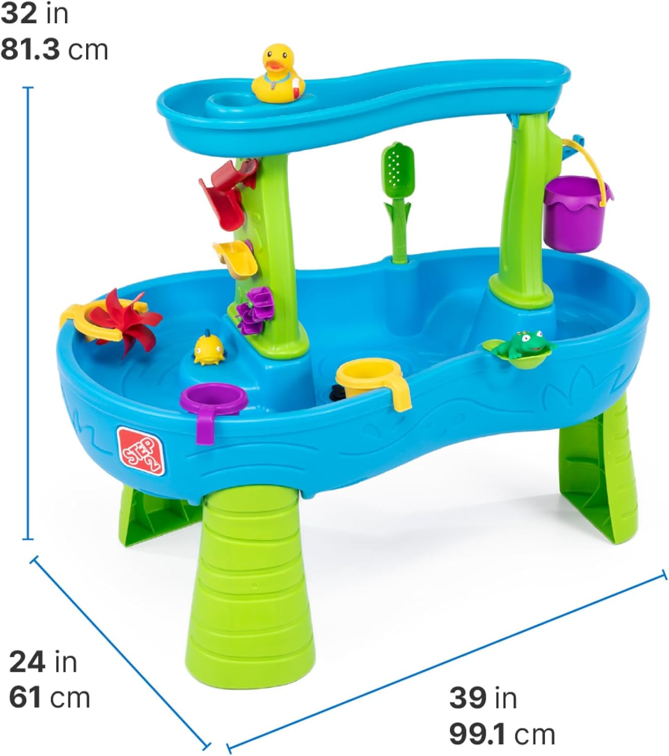 Step2 Rain Showers Splash Pond Water Table with Cover, Kids Water and Sand Activity Sensory Playset, Summer Outdoor Toys, 13-Piece Water Toy Accessories, For Toddlers 1.5+ Years Old, Blue & Green