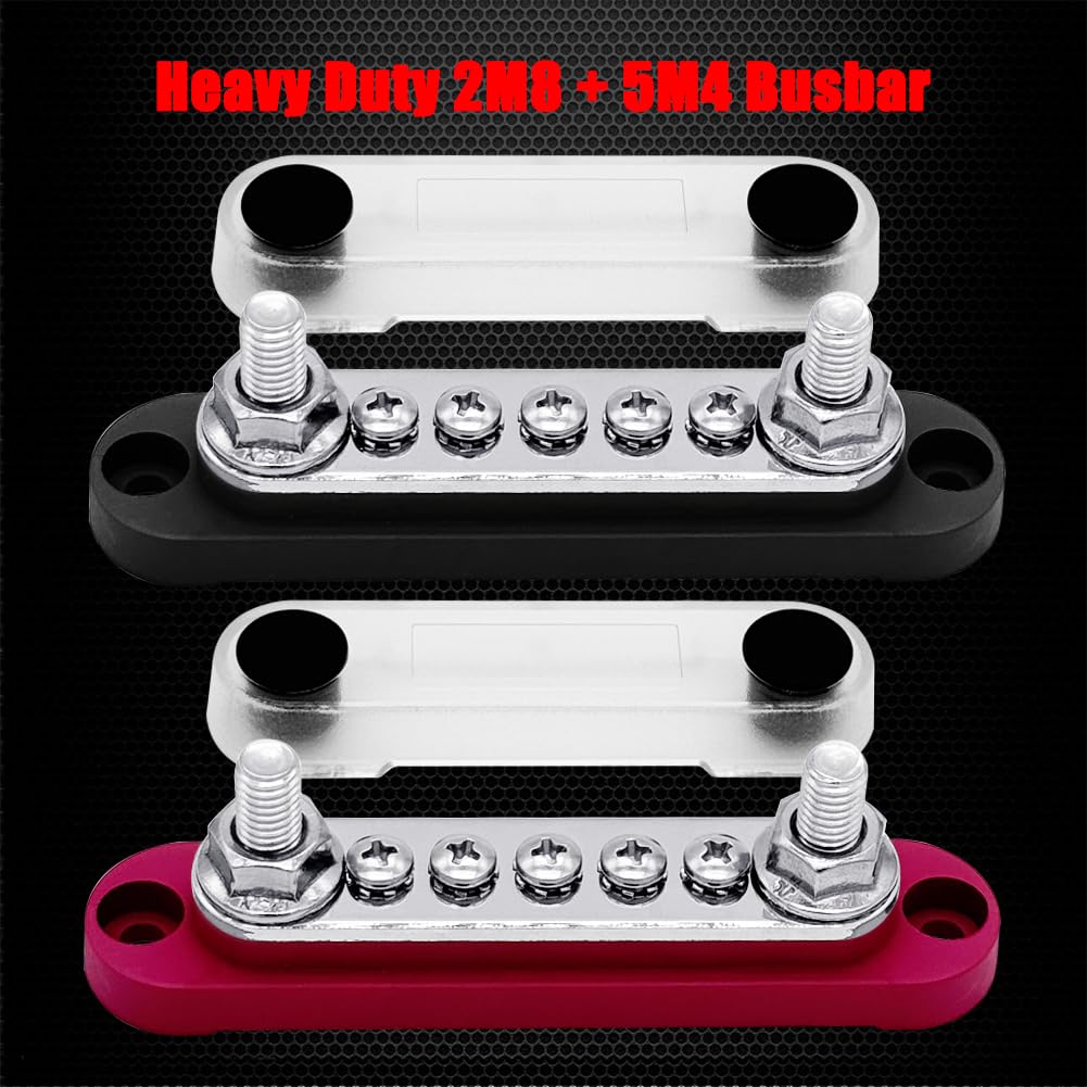 2 x #10 (M5) Studs Power Distribution Block with 5 x #8 (M4) Screws, Ampper 4.2" Bus Bar 12V Power Distribution Terminal Block Battery Busbar for Car Audio Solar (Red & Black)