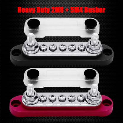 2 x #10 (M5) Studs Power Distribution Block with 5 x #8 (M4) Screws, Ampper 4.2" Bus Bar 12V Power Distribution Terminal Block Battery Busbar for Car Audio Solar (Red & Black)
