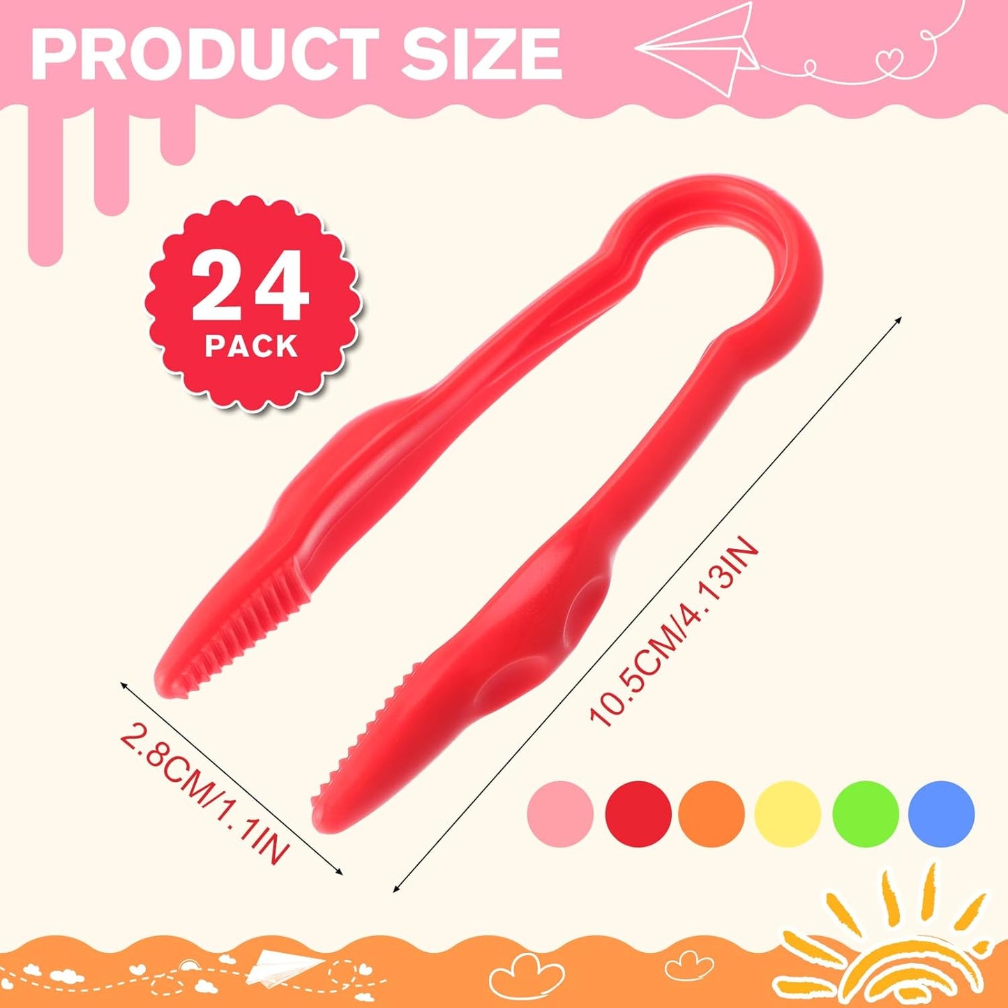 Chunful 24 Pcs Plastic Tweezers for Kid Fine Motor Toys Easy Grip Toddler Tweezers Jumbo for Craft DIY Jewelry Making Beading Family School (Green, Pink, Red, Blue, Yellow, Orange)