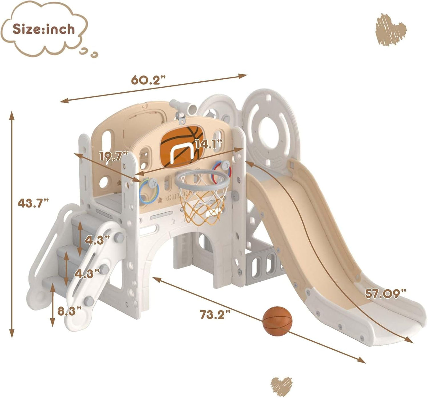YUFU 9 in 1 Toddler Slide Set, Kids Slide for Toddlers Age 1-3, Toddler Playset with Climber and Basketball Hoop, Kids Indoor Outdoor Playground (Beige+Coffee)