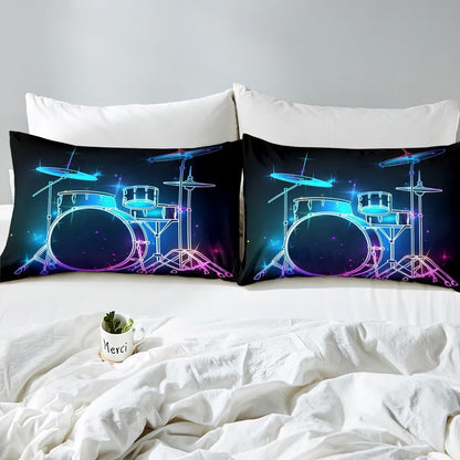 Drum Kit Duvet Cover,Kids Musical Instruments Bedding Set,Rock Music Comforter Cover for Boys Girls Room Decor,Neon Lighting Lightweight Bedspread Cover Twin Size with 1 Pillow Case(No Comforter)